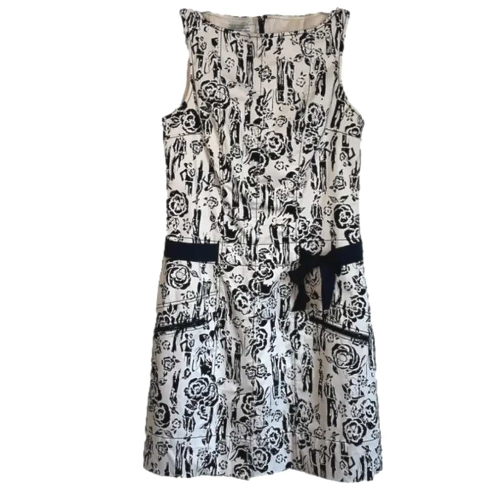 RICKIE FREEMAN TERI JON Size 10 Black White Glam Print‎ Drop Waist Vintage Dress